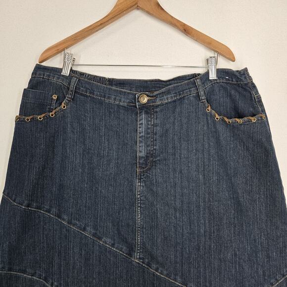 Liz & Me Denim Maxi Skirt Sz 20W Blue w/Brown Lacing Pockets Cowgirl Western - Picture 2 of 15